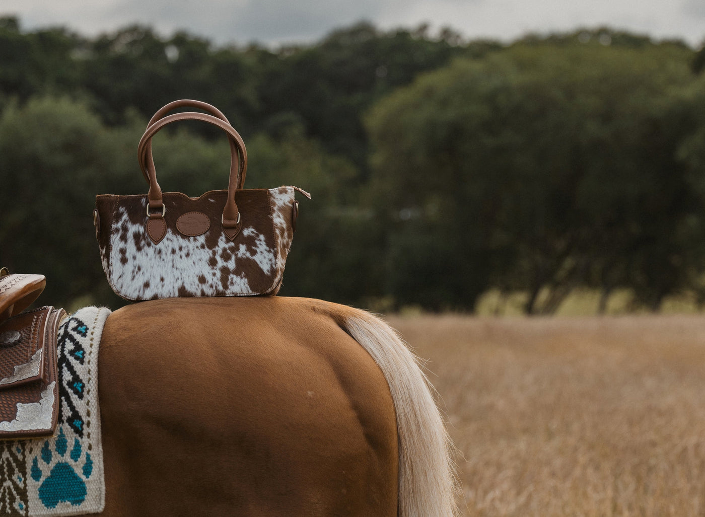 Sherborne Cowhide Handbag Sat on horseback with western saddle