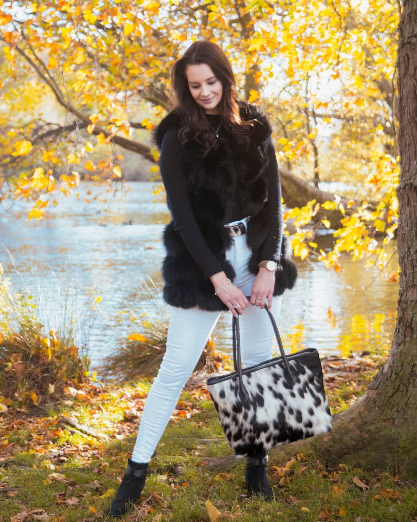 Lucinda styles the Upton Handbag Black with a furry gilet