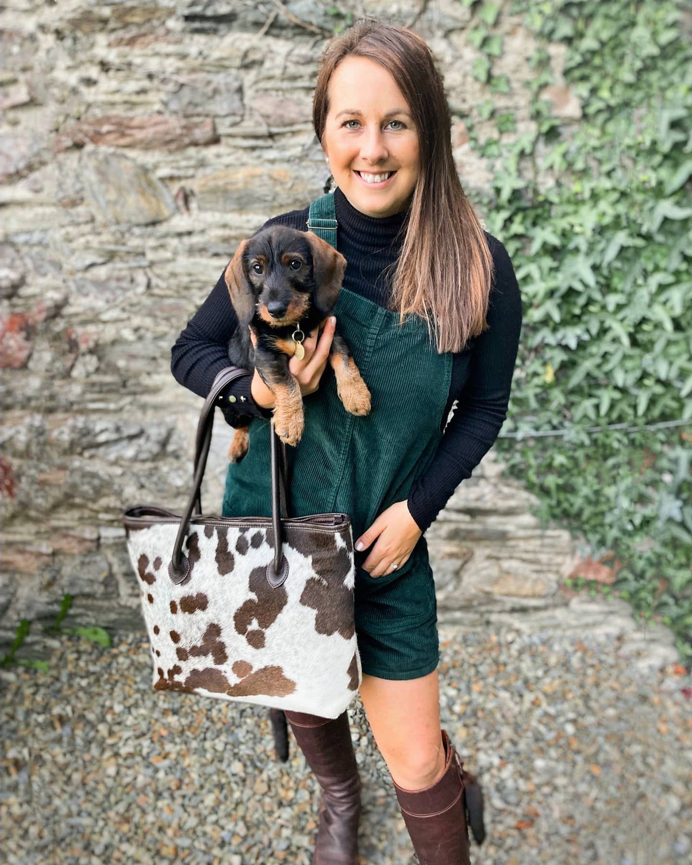 The upton handbag in brown cowhide styled by a customer with her gorgeous dog!