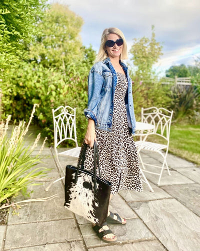 Bethany Rae Cowhide Leather Black and White Hair on Hide Handbag in Tote Style style by our customer for an everyday glamorous look