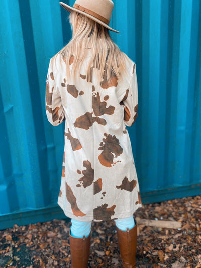 Cow Print Faux Suede Trench Coat